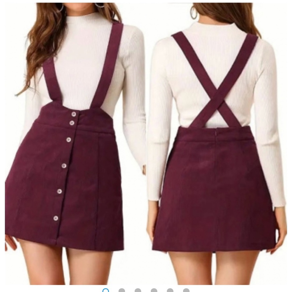 Allegra K NWT XS CORDUROY Burgundy Suspender Faux button highwaist mini Skirt